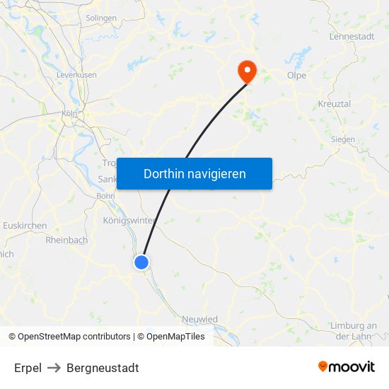Erpel to Bergneustadt map