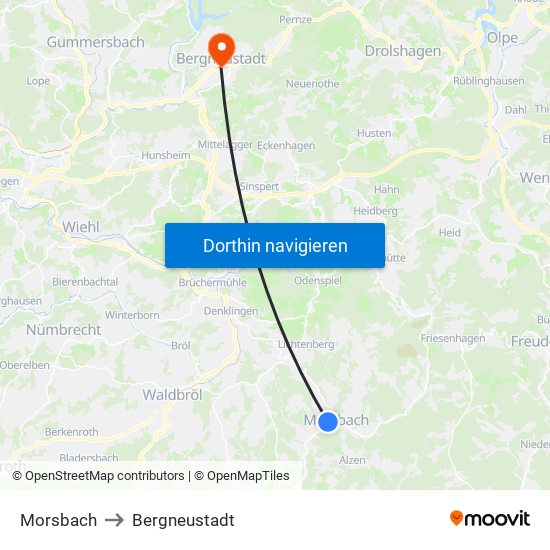 Morsbach to Bergneustadt map