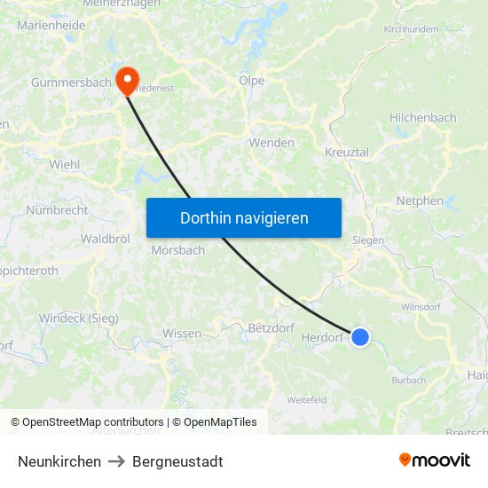 Neunkirchen to Bergneustadt map