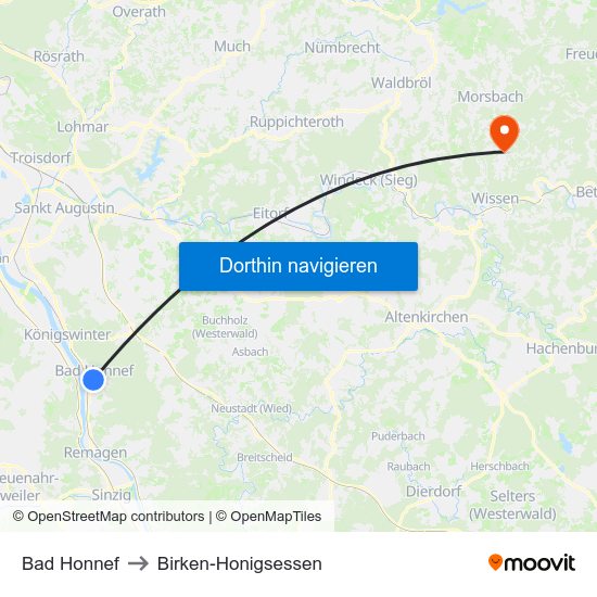 Bad Honnef to Birken-Honigsessen map
