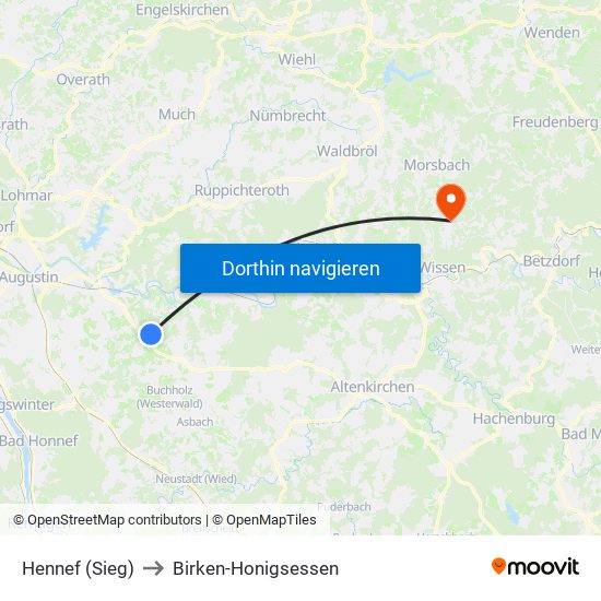 Hennef (Sieg) to Birken-Honigsessen map