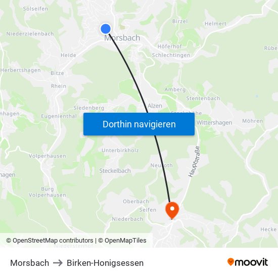 Morsbach to Birken-Honigsessen map