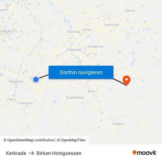 Kerkrade to Birken-Honigsessen map