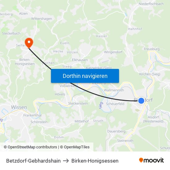 Betzdorf-Gebhardshain to Birken-Honigsessen map