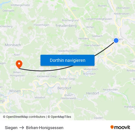 Siegen to Birken-Honigsessen map