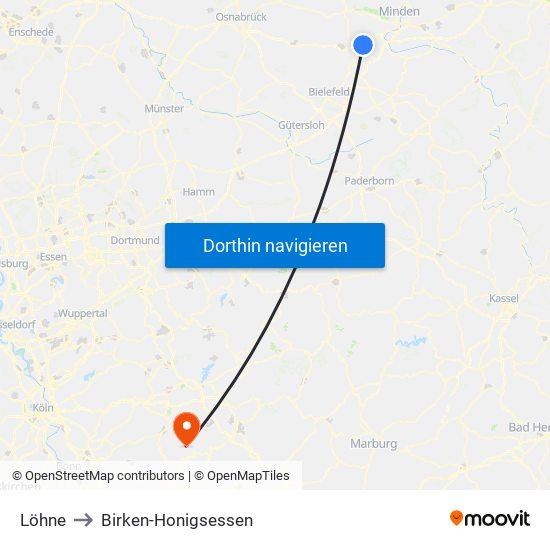 Löhne to Birken-Honigsessen map