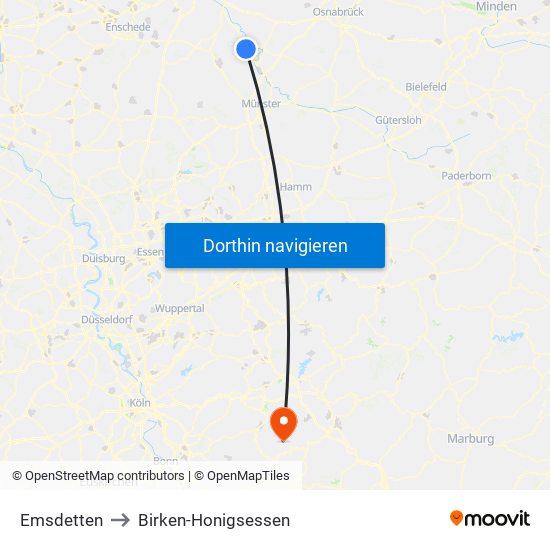 Emsdetten to Birken-Honigsessen map