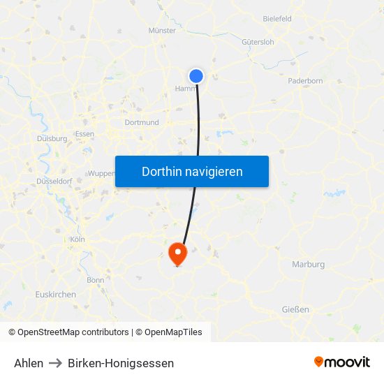 Ahlen to Birken-Honigsessen map