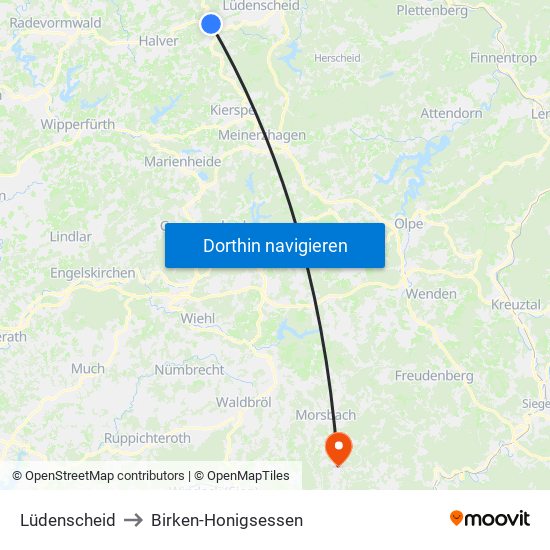 Lüdenscheid to Birken-Honigsessen map