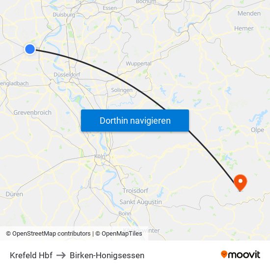 Krefeld Hbf to Birken-Honigsessen map