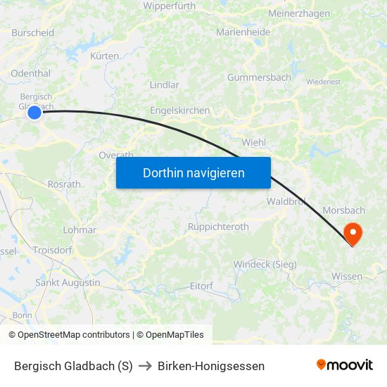 Bergisch Gladbach (S) to Birken-Honigsessen map