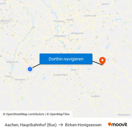 Aachen, Hauptbahnhof (Bus) to Birken-Honigsessen map