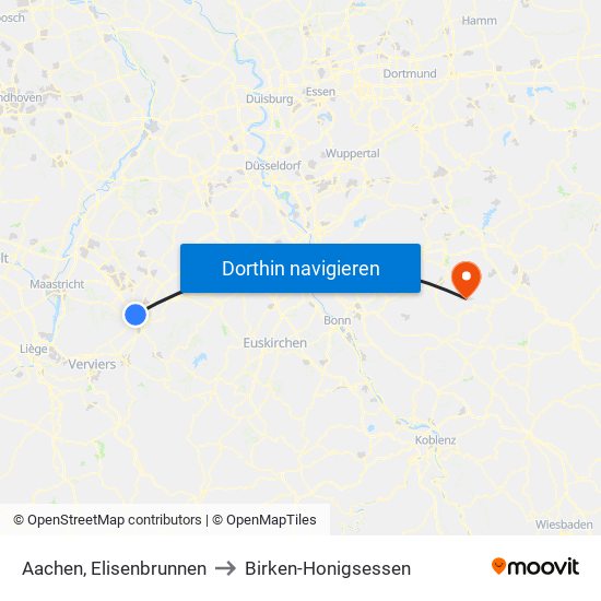 Aachen, Elisenbrunnen to Birken-Honigsessen map