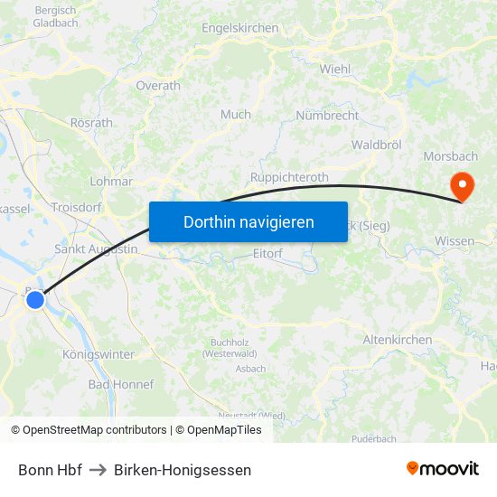 Bonn Hbf to Birken-Honigsessen map