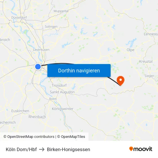 Köln Dom/Hbf to Birken-Honigsessen map