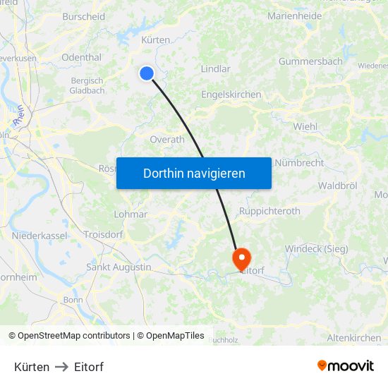 Kürten to Eitorf map