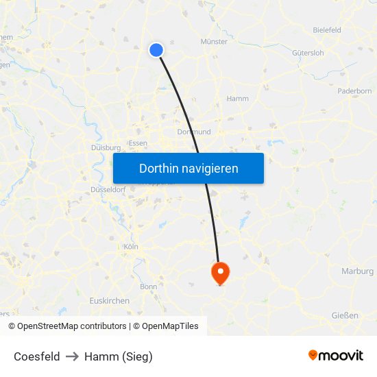 Coesfeld to Hamm (Sieg) map