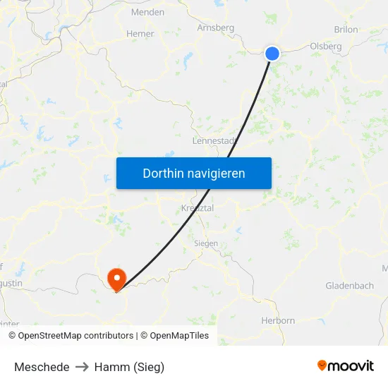 Meschede to Hamm (Sieg) map