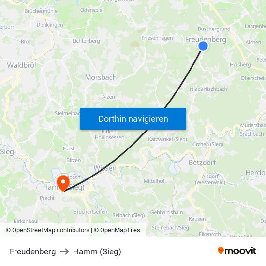 Freudenberg to Hamm (Sieg) map