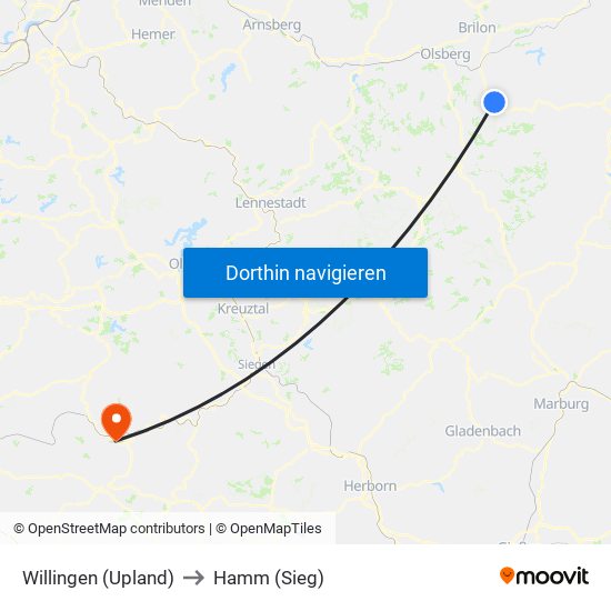 Willingen (Upland) to Hamm (Sieg) map