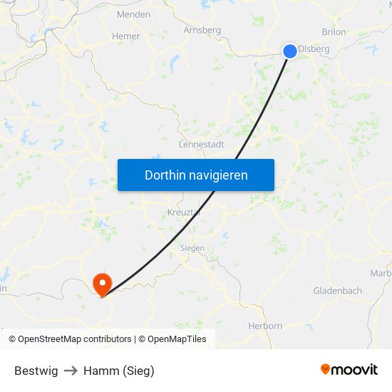 Bestwig to Hamm (Sieg) map