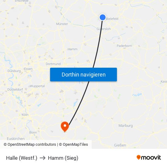Halle (Westf.) to Hamm (Sieg) map