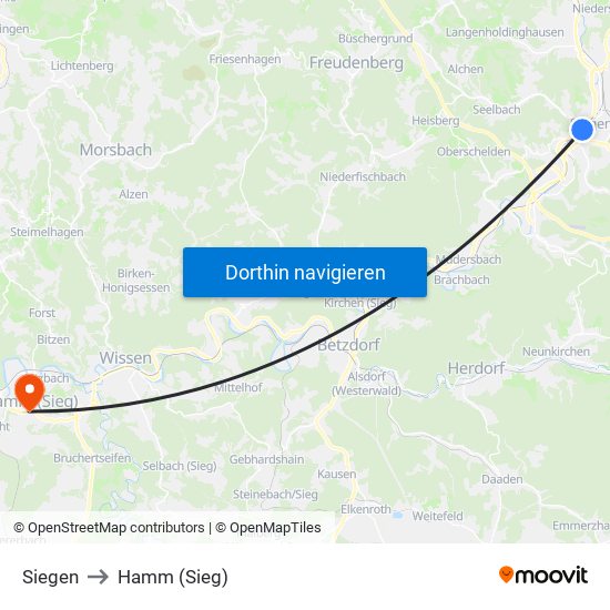 Siegen to Hamm (Sieg) map