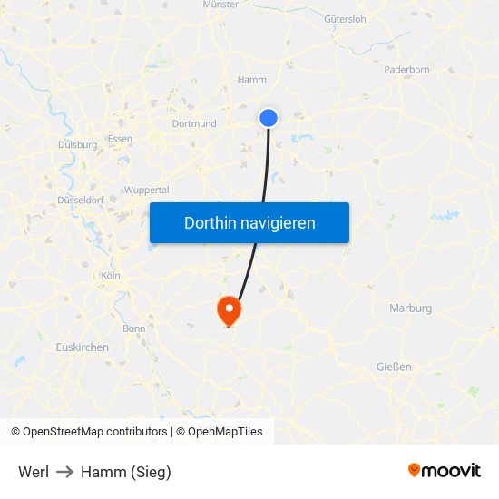 Werl to Hamm (Sieg) map