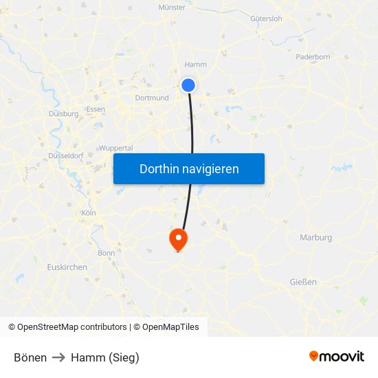 Bönen to Hamm (Sieg) map