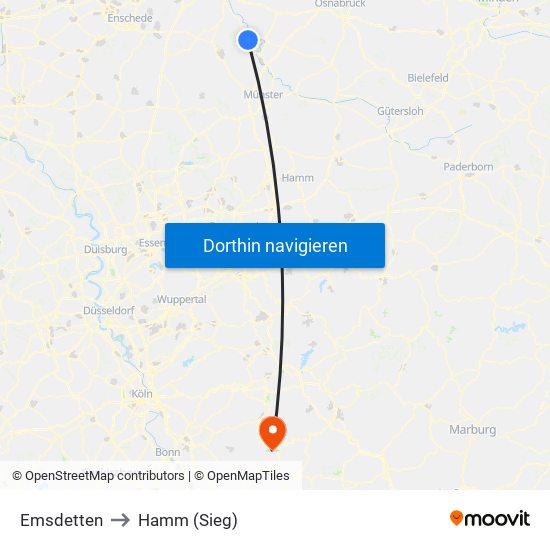 Emsdetten to Hamm (Sieg) map