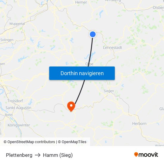 Plettenberg to Hamm (Sieg) map