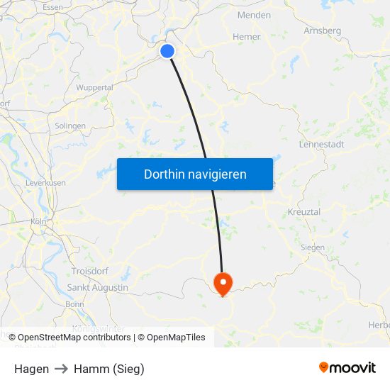 Hagen to Hamm (Sieg) map