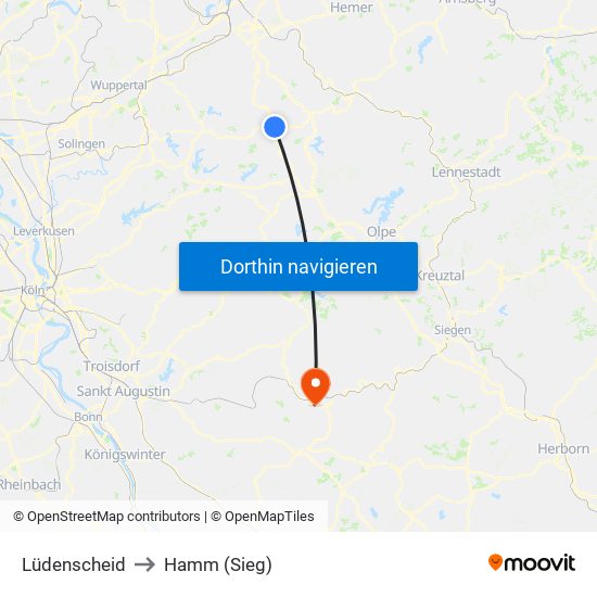 Lüdenscheid to Hamm (Sieg) map