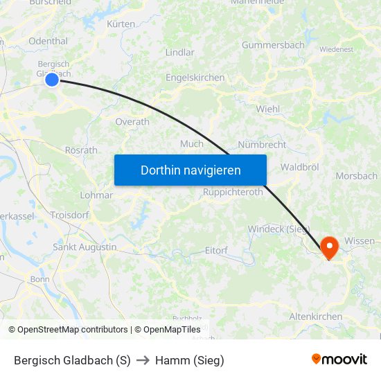 Bergisch Gladbach (S) to Hamm (Sieg) map