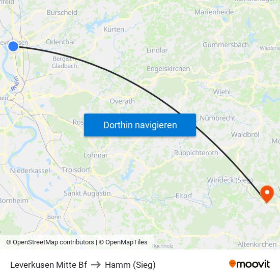 Leverkusen Mitte Bf to Hamm (Sieg) map