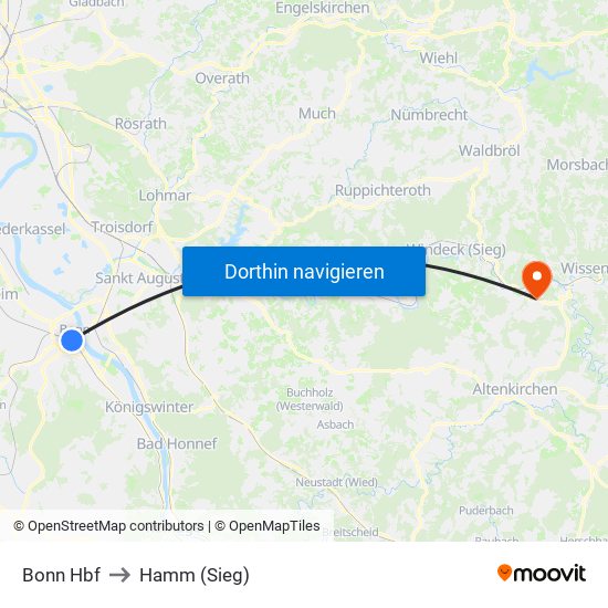 Bonn Hbf to Hamm (Sieg) map