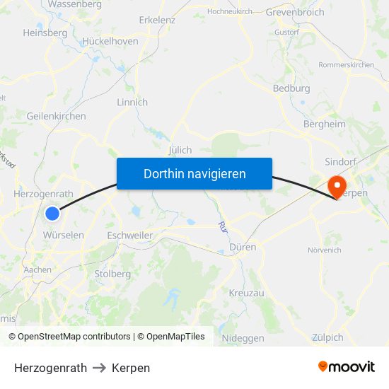 Herzogenrath to Kerpen map