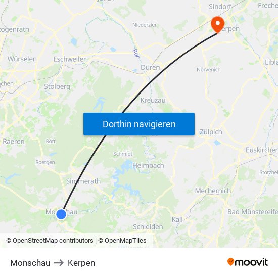 Monschau to Kerpen map