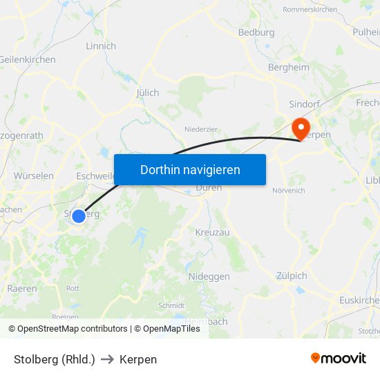 Stolberg (Rhld.) to Kerpen map