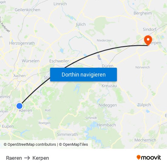 Raeren to Kerpen map