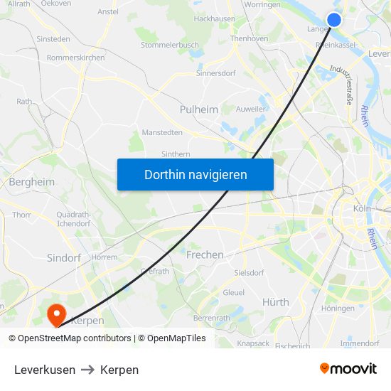 Leverkusen to Kerpen map