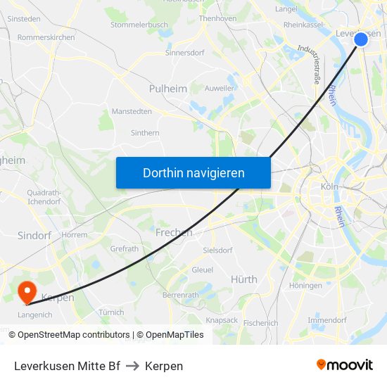 Leverkusen Mitte Bf to Kerpen map