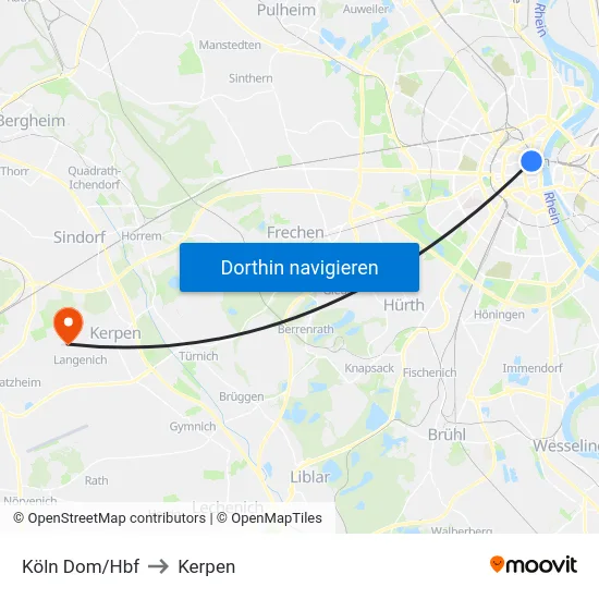 Köln Dom/Hbf to Kerpen map
