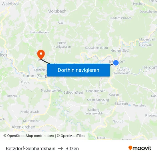 Betzdorf-Gebhardshain to Bitzen map