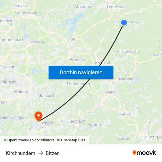 Kirchhundem to Bitzen map