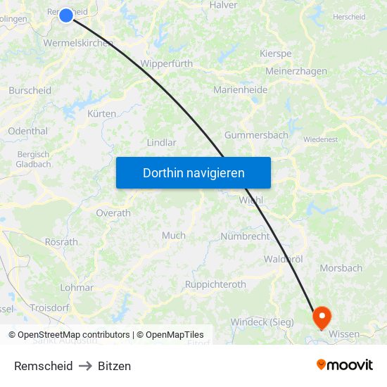 Remscheid to Bitzen map