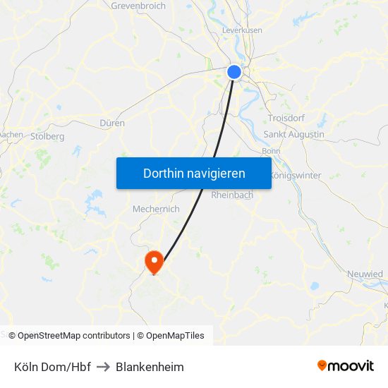 Köln Dom/Hbf to Blankenheim map