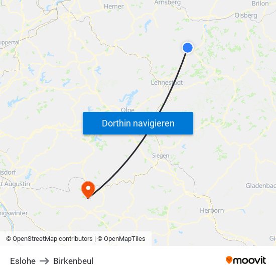 Eslohe to Birkenbeul map