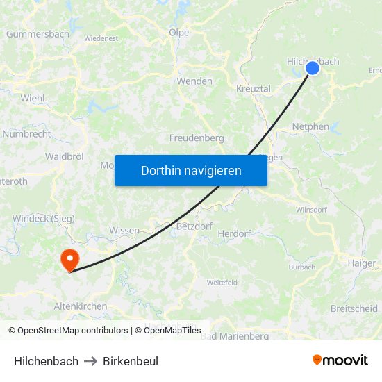 Hilchenbach to Birkenbeul map