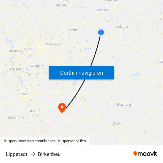 Lippstadt to Birkenbeul map